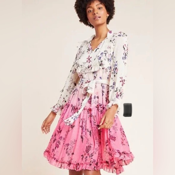Anthropologie Ombre Pink & Cream Floral Chiffon Dress – Size 2 - Picture 1 of 8